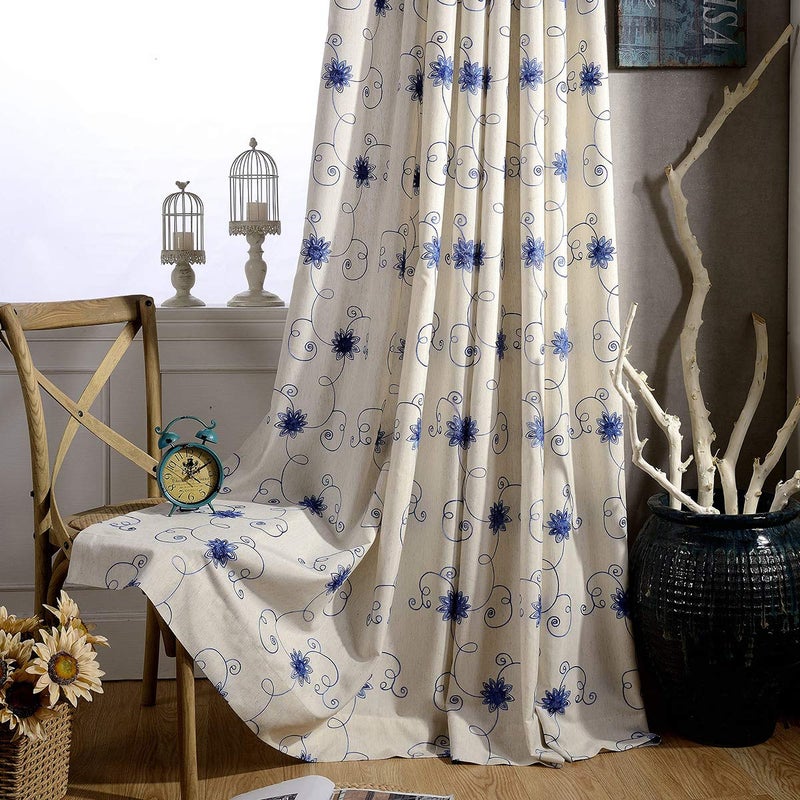 VOGOL Curtains & Drapes 84 Inch Length, 2 Panels Blue Floral and Vines Embroidery Linen Curtain for Bedroom Living Room, Top Grommet - Image 1
